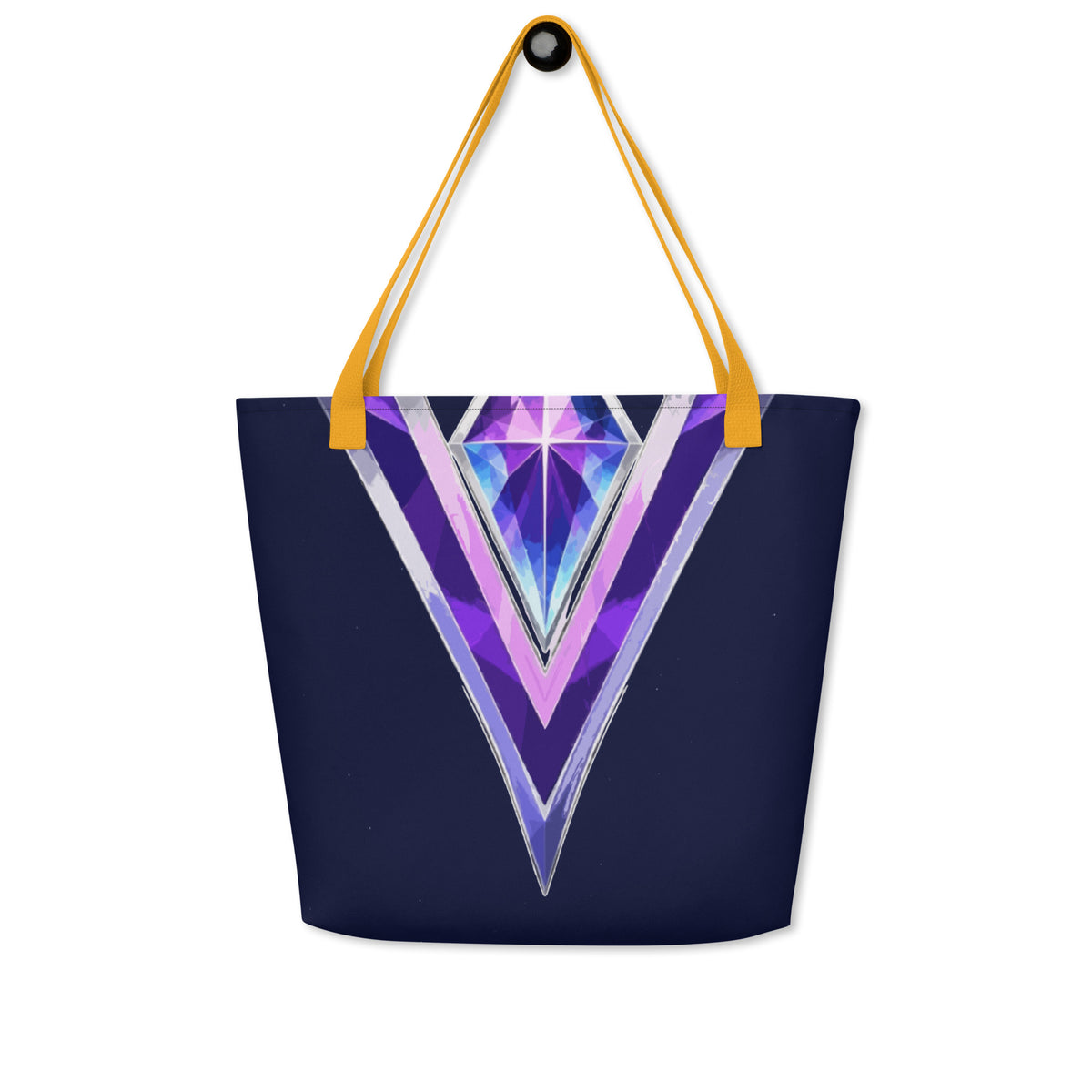 VUDU WULF Crystal V tote (Quill): amethyst crystal V on navy, yellow handles