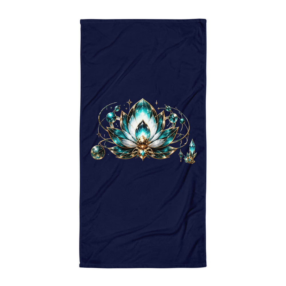 VUDU WULF Crystal Lotus beach towel (Lyra): one crystal lotus centred on deep navy