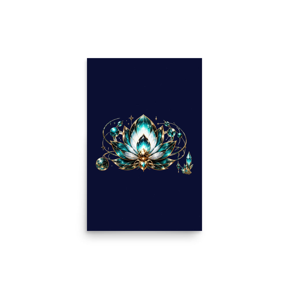 VUDU WULF Crystal Lotus poster (Sage): crystal lotus on deep navy, 12×18 matte print